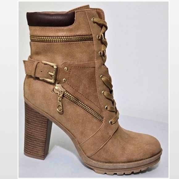 New G Guess Boots Womens Size 10 Heels Lace Up Combat Tan Gold Zipper Accent NWT - Picture 7 of 15